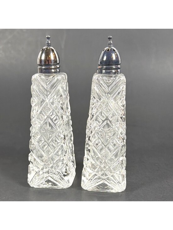 Unbranded Other - VTG 50s Crystal Salt Pepper Shakers Heavy Cut Glass Diamond Pattern AS IS Parts
